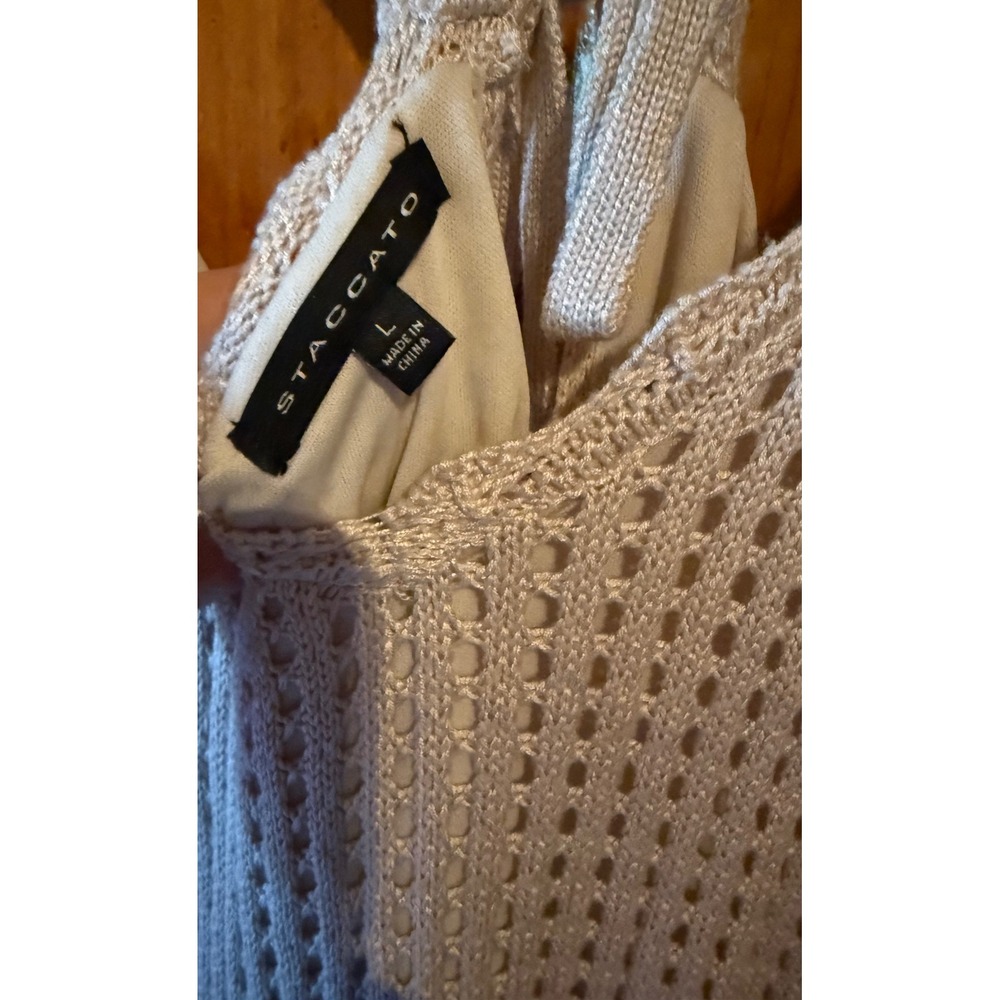 Boho knit Crochet Staccato Dress Tie StrapSleeveless Tan Resort Vacay Size Large - Picture 4 of 5